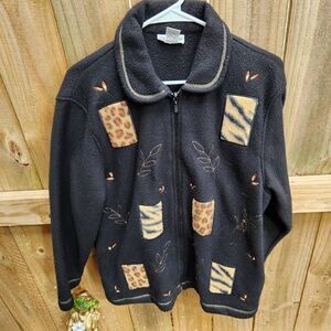 Alfred Dunner Fleece Shacket Leopard Fall Embroidered Leaves Black Women's Mediu